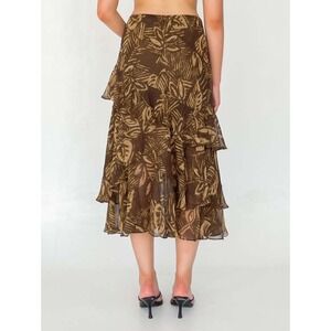Vintage Ralph Lauren Size XL-LIKE XXL 100%Silk Ruffle Skirt Brown Leaf Print Y2K